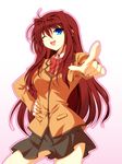  aozaki_aoko blue_eyes hair_intakes hand_on_hip ka2 mahou_tsukai_no_yoru one_eye_closed pointing red_hair school_uniform 