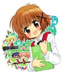  art_brush brown_eyes brown_hair chibi hidamari_sketch highres hiro kyapu-10 marker mechanical_pencil miyako multiple_girls paintbrush pencil sae school_uniform short_hair sketchbook ume-sensei yuno 