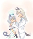  animal_ears antennae blush cat_ears dress ds_(ndsl) eila_ilmatar_juutilainen formal gloves heart long_hair multiple_girls pant_suit pantyhose sanya_v_litvyak short_hair silver_hair smile strike_witches suit tail white_legwear world_witches_series 