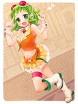  boots breasts cleavage dutch_angle full_body garters goggles goggles_on_head green_eyes green_hair gumi headphones hima_(ab_gata) md5_mismatch medium_breasts midriff musical_note navel open_mouth short_hair skirt smile solo standing standing_on_one_leg vocaloid wrist_cuffs 