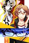  2boys bad_id bad_pixiv_id black_hair brown_eyes brown_hair glasses grey_hair hanamura_yousuke headphones headphones_around_neck heart ironmaskbear lilith_(megami_tensei) multiple_boys narukami_yuu one_eye_closed persona persona_4 school_uniform shinai snake sword weapon yellow_eyes 