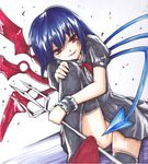  bad_anatomy bad_id bad_pixiv_id black_legwear blue_hair covering covering_crotch head_tilt houjuu_nue iroha_(nullpo) looking_at_viewer marker_(medium) no_panties polearm red_eyes shikishi smirk solo thighhighs touhou traditional_media trident weapon wing_censor wings 