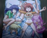  4girls adult ahoge ass awa bed blonde_hair blue_hair blush breasts brown_hair character_request closed_eyes cordelia_glauca eyes_closed hercule_barton highres large_breasts long_hair lying midriff multiple_girls navel older open_mouth panties pink_hair purple_hair red_hair sherlock_shellingford short_hair sleeping tantei_opera_milky_holmes underboob underwear yuzurizaki_nero 