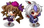  ahoge bad_id bad_pixiv_id blue_hair boots brown_eyes brown_hair cellphone checkered checkered_skirt chibi geta hat head_wings himekaidou_hatate multicolored_hair multiple_girls necktie phone pointy_ears red_eyes shinjitsu silver_hair single_head_wing skirt tengu-geta tokiko_(touhou) tokin_hat touhou twintails white_hair wings 