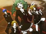  3girls bad_id bad_pixiv_id boots cigarette cuffs dress drill_hair eyepatch forehead formal gun hand_on_hip handcuffs hatsune_miku himitsu_keisatsu_(vocaloid) kagamine_len kagamine_rin kaito knee_boots mask meiko multiple_boys multiple_girls necktie satsuki_(r2u0r0i4) smoking suit surgical_mask thighhighs twin_drills twintails vocaloid weapon 