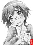  blush glasses gofu greyscale hand_to_own_mouth head_tilt monochrome ore_no_imouto_ga_konna_ni_kawaii_wake_ga_nai short_hair sketch solo spot_color tamura_manami traditional_media 