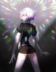  1other absurdres androgynous crystal_hair diamond_(houseki_no_kuni) elbow_gloves eyebrows_visible_through_hair gem_uniform_(houseki_no_kuni) gloves glowing glowing_hair highres houseki_no_kuni looking_at_viewer looking_back multicolored multicolored_eyes multicolored_hair rainbow_eyes rainbow_hair short_hair smile solo sparkle thick_eyebrows thighhighs wavy_hair 
