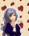  female food fruit hanazono_shizuma hand hands lips lipstick long_hair looking_at_viewer makeup necktie purple_eyes silver_hair smile solo strawberries strawberry strawberry_panic strawberry_panic! tie 