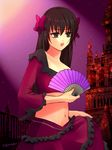  black_hair castle dress fan female folding_fan gradient gradient_background hair_ornament hair_ornaments long_hair midriff minamoto_chikaru outdoors play sky solo stage stage_lights strawberry_panic strawberry_panic! 