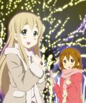  blonde_hair blue_eyes blush brown_eyes brown_hair cellphone coat hirasawa_yui k-on! kisuke_(akutamu) kotobuki_tsumugi long_hair multiple_girls phone scarf short_hair smile tree winter_clothes 