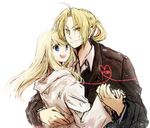  1girl bad_id bad_pixiv_id blonde_hair blue_eyes braid couple edward_elric fullmetal_alchemist heart heart_of_string hetero hug jacket long_hair open_mouth ponytail smile tsukuda0310 winry_rockbell yellow_eyes 