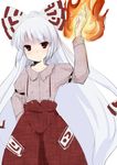  bow coo fire fujiwara_no_mokou hair_bow hand_in_pocket long_hair pants red_eyes simple_background solo suspenders touhou very_long_hair white_hair 