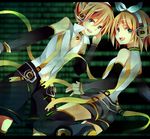  1girl aqua_eyes arm_warmers bad_id bad_pixiv_id blonde_hair brother_and_sister detached_sleeves hair_ornament hair_ribbon hairclip headphones kagamine_len kagamine_len_(append) kagamine_rin kagamine_rin_(append) kouko navel popped_collar ribbon short_hair shorts siblings smile twins vocaloid vocaloid_append 