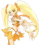  blonde_hair bow choker cure_sunshine hair_ornament hair_ribbon heartcatch_precure! instrument long_hair magical_girl michi_ta_(masquerade) myoudouin_itsuki orange_(color) orange_bow orange_choker orange_eyes orange_skirt precure ribbon shiny_tambourine skirt solo tambourine twintails very_long_hair white_background yellow_bow yellow_eyes 