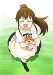  apron blush breasts brown_hair closed_eyes dog hug kayaku_(banban) long_hair medium_breasts open_mouth ponytail puppy skirt smile solo taneshima_popura very_long_hair waitress working!! 