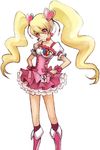  blonde_hair boots bow choker cure_peach earrings fresh_precure! hair_ornament heart heart_hair_ornament jewelry knee_boots long_hair magical_girl michi_ta_(masquerade) momozono_love pink_bow pink_choker pink_eyes pink_footwear precure solo twintails 