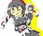  belt black_hair bodied_yukkuri female hat kamen_rider kamen_rider_dcd kamen_rider_decade kimeemaru open_mouth parody red_eyes shameimaru_aya tokin_hat touhou yukkuri_shiteitte_ne 