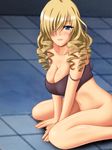  blonde_hair blue_eyes blush bottomless breasts cleavage drill_hair hair_over_one_eye highres kimuti-g large_breasts long_hair no_panties oriana_thomason shirt sitting solo strapless taut_clothes taut_shirt to_aru_majutsu_no_index tubetop wariza 