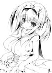  2-g armpits blush breasts cleavage corset dress eyelashes greyscale hairband huge_breasts lineart long_hair monochrome original ribbon short_hair sleeveless smile solo twintails 