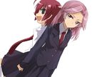  back-to-back bad_id bad_pixiv_id black_eyes blazer brown_eyes jacket kajiki_yumi kanbara_satomi maromi_(am97) multiple_girls necktie pink_hair red_hair saki school_uniform skirt tsuruga_school_uniform 