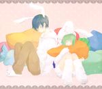  animal_ears animal_slippers blue_hair bunny_ears bunny_slippers carrot couple eyes_closed green_hair gumi kaito leg_warmers pillow sleeping slippers sweater vocaloid 