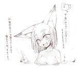  :d animal_humanoid bathing breasts canine cleavage clothed clothing dipstick_ears fangs female fox_humanoid gosuzun greyscale hair humanoid inner_ear_fluff japanese_text mammal monochrome nude open_mouth sakifox short_hair solo text translation_request water 
