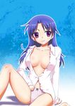  blue_hair breasts cleavage fumotono_mikoto medium_breasts no_pants open_clothes open_shirt original panties purple_eyes shirt solo underwear 