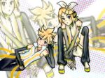  1girl aqua_eyes blonde_hair brother_and_sister detached_sleeves elbow_gloves error fingerless_gloves gloves hair_ornament hair_ribbon hairclip headphones kagamine_len kagamine_len_(append) kagamine_rin kagamine_rin_(append) navel ribbon short_hair shorts siblings smile twins vocaloid vocaloid_append 