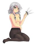  black_legwear blush braid breasts enoko_(zqfebi) feet green_eyes izayoi_sakuya kneeling knife medium_breasts nipples no_panties nude pantyhose short_hair silver_hair simple_background smile solo thighband_pantyhose touhou twin_braids underwear underwear_only weapon 