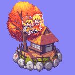  aki_minoriko aki_shizuha autumn bad_id bad_pixiv_id blonde_hair faux_figurine fence grass hair_ornament hat house kou_2008 leaf leaf_hair_ornament lowres multiple_girls pixel_art rock touhou tree 