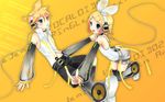  1girl blonde_hair blue_eyes brother_and_sister detached_sleeves elbow_gloves fingerless_gloves gloves hair_ornament hair_ribbon hairclip headphones highres kagamine_len kagamine_len_(append) kagamine_rin kagamine_rin_(append) mamakari navel popped_collar ribbon short_hair shorts siblings thighhighs twins vocaloid vocaloid_append wallpaper 