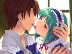  1boy 1girl fuukiiichou_seira_anatanante_daikirai_shinebaiinoni game_cg green_hair indoors kiss maid mole saliva silky's 