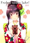  1girl 2019 animal animal_hug azuma_yuki bangs blush boar bow brown_hair checkered checkered_bow closed_mouth eyebrows_visible_through_hair floral_print flower french_text green_bow hair_between_eyes hair_bow hair_flower hair_ornament happy_new_year japanese_clothes kimono long_hair long_sleeves new_year original print_kimono red_eyes red_flower sidelocks signature smile solo striped striped_bow translation_request twitter_username upper_body white_background white_kimono wide_sleeves 
