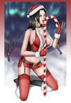  1girl alternate_costume artist_request bare_shoulders belt between_breasts black_hair boa_hancock boots breasts candy candy_cane choker christmas cleavage earrings garter_straps gloves hat high_heels jewelry knee_boots kneeling large_breasts licking long_hair microskirt midriff miniskirt one_piece open_mouth santa_hat sexually_suggestive shoes short_shorts shorts skirt snow solo thighhighs tongue 