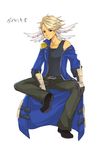  armor blonde_hair boots coat daikenki feathers frown full-body full_body gijinka gloves male male_focus military military_uniform moemon off_shoulder personification pokemon pokemon_(game) pokemon_black_and_white pokemon_bw red_eyes samurott simple_background sitting solo uniform white_background wings 