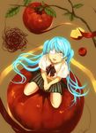  apple aqua_hair bandage_over_one_eye eyepatch female food fruit hatsune_miku highres kakage long_hair looking_up open_mouth plant school_uniform sitting skirt solo tears top_secret_(vocaloid) twintails vocaloid 