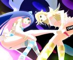  ace_rocket angel_wings armband bare_shoulders blonde_hair censored green_eyes jewelry legs long_hair multicolored_hair multiple_girls open_mouth panties panty_&amp;_stocking_with_garterbelt panty_(psg) pink_panties siblings sisters stocking_(psg) striped striped_legwear thighhighs two-tone_hair underwear undressing wings wristband 