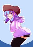  alternate_costume bespectacled black_legwear contemporary glasses hat hood hoodie long_hair mizushima_kai patchouli_knowledge purple_eyes purple_hair skirt solo thighhighs touhou 