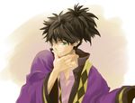  black_hair green_eyes hito_(bubble_sugar) male_focus one_eye_closed ponytail raven_(tales) sepia_background smile solo tales_of_(series) tales_of_vesperia 
