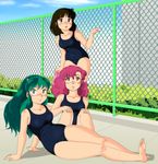  3girls barefoot black_hair blue_eyes feet green_hair highres horns legs long_hair lum miyake_shinobu multiple_girls oni pink_hair ran_(urusei_yatsura) short_hair swimsuit thighs urusei_yatsura 