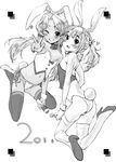  animal_ears baba_arumi bunny_ears bunny_tail bustier copyright_request dark_skin flat_chest greyscale high_heels lingerie midriff monochrome multiple_girls one_eye_closed panties shoes side-tie_panties tail thighhighs underwear v 