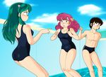  2girls ass black_hair blue_eyes blush green_hair horns legs long_hair lum moroboshi_ataru multiple_girls oni pink_hair ran_(urusei_yatsura) short_hair swimsuit thighs urusei_yatsura 