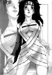  1girl black_eyes black_hair blush breasts cleavage doujinshi fishnets headband kunoichi long_hair looking_at_viewer monochrome naruto ninja shinagawa_ham solo standing yuuhi_kurenai 