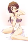  blush breasts brown_eyes brown_hair covered_nipples cum cum_in_mouth extra highres hoppege k-on! large_breasts long_hair naked_sheet one_eye_closed open_mouth simple_background sitting solo sweat tachibana_himeko wariza 