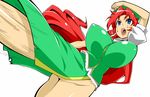  blue_eyes braid breasts chinese_clothes hong_meiling huge_breasts impossible_clothes kicking long_hair no_panties red_hair solo speed_lines sweat toudori touhou 