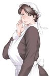  apron arm_up breasts brown_eyes brown_hair emma female glasses hand_on_face hand_on_own_face hat looking_at_viewer maid maid_apron maid_outfit simple_background solo standing takasugi_kou victorian_romance_emma white_background 