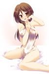 :d blush breasts brown_eyes brown_hair covered_nipples covering extra highres hoppege k-on! large_breasts long_hair nude_cover open_mouth simple_background sitting smile solo sweat tachibana_himeko towel wariza 