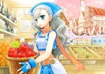  alcohol apple aqua_eyes basket blue_gloves city fingerless_gloves food fruit gloves grapes karin_(rune_factory) kawazoe_mariko long_hair midriff pear rune_factory rune_factory_3 scarf silver_hair solo wine 