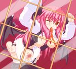  against_glass bat_wings breasts disembodied_limb disembodied_penis garter_belt grinding head_wings koakuma large_breasts long_hair marimo_(artist) mouth_hold nipples penis red_eyes red_hair sex shirt_lift solo sweat thigh_sex touhou wince window wings 