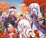  alcohol animal_ears autumn black_hair blue_eyes blush bottle bow braid breasts brown_eyes bunny_ears carrot choko_(cup) cup dress everyone food fujiwara_no_mokou hair_bow hair_ribbon hat houraisan_kaguya inaba_tewi japanese_clothes kamishirasawa_keine kimono long_hair medium_breasts multiple_girls nurse_cap pants red_eyes reisen_udongein_inaba ribbon sakazuki sake short_hair silver_hair skirt suspenders tokkuri touhou tree ugatsu_matsuki very_long_hair yagokoro_eirin 